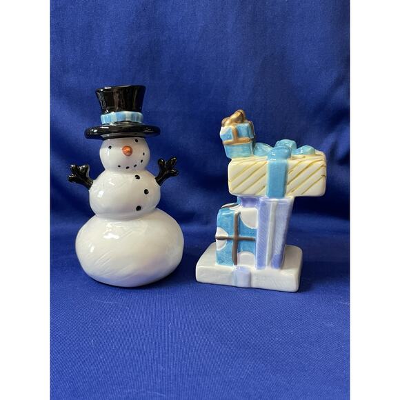 Porcelain Snowman and Stack of Presents Salt and Pepper Shakers - Picture 1 of 4